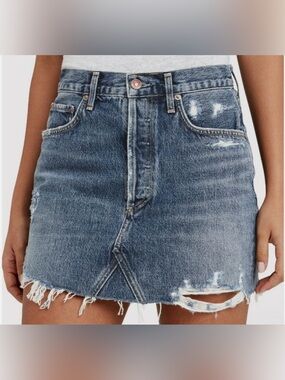 NWOT Agolde Quinn High Rise Denim Mini Skirt with Distressed Hem